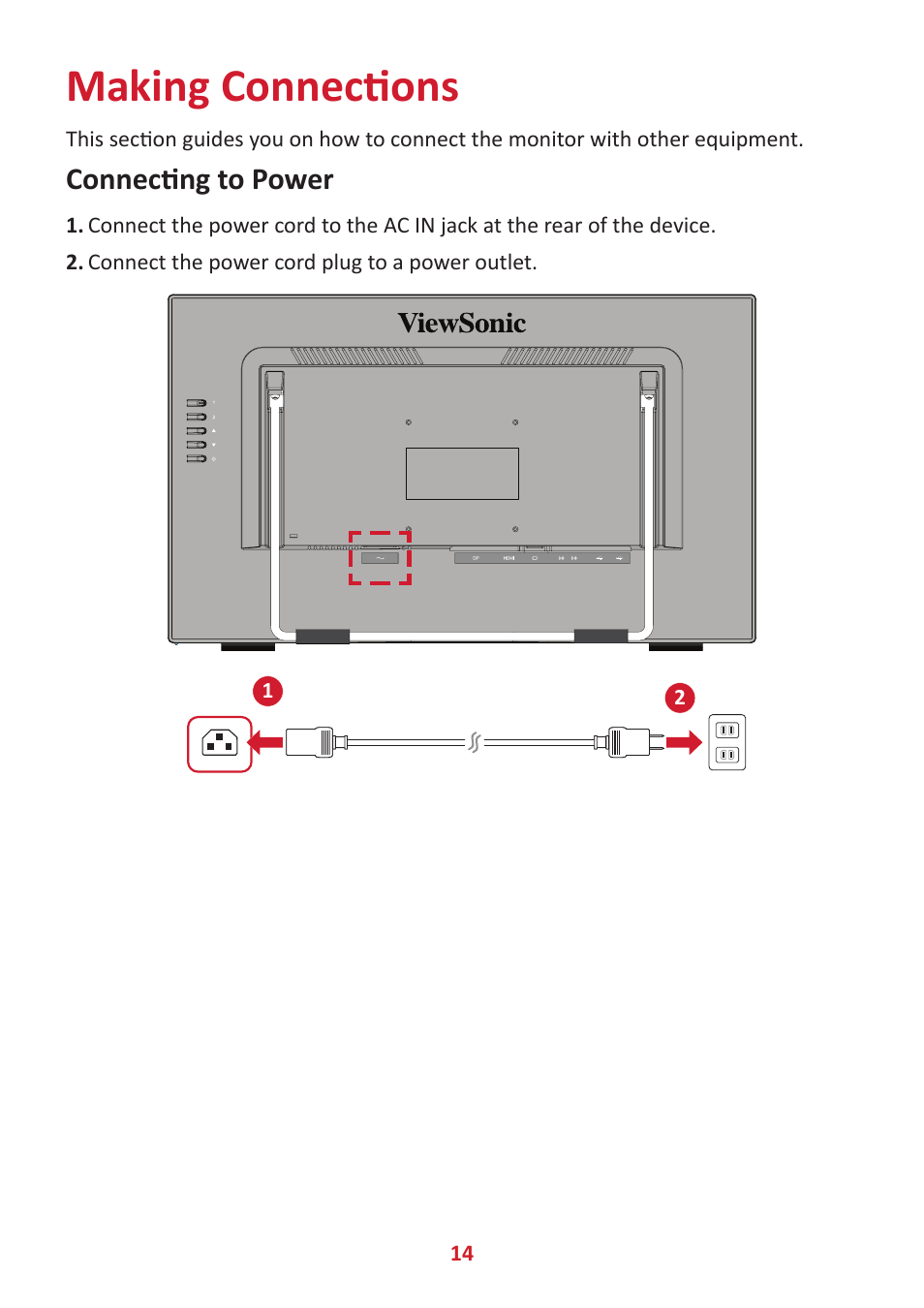 Making connections, Connecting to power | VIEWSONIC 24" Frameless Touchscreen Monitor User Manual | Page 14 / 57