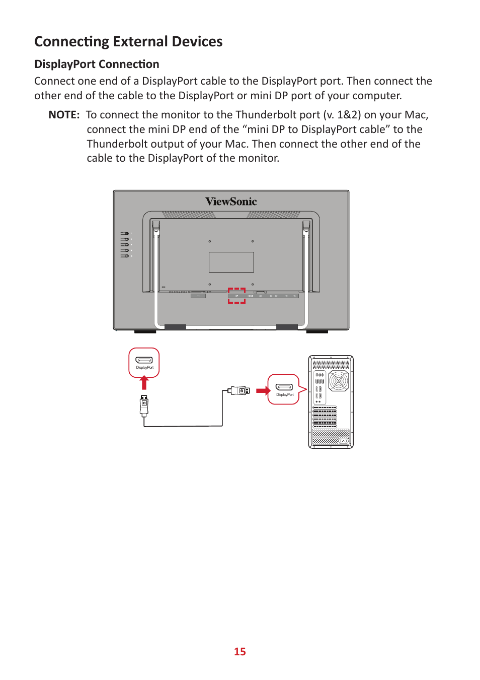 Connecting external devices, Displayport connection | VIEWSONIC 24" Frameless Touchscreen Monitor User Manual | Page 15 / 57