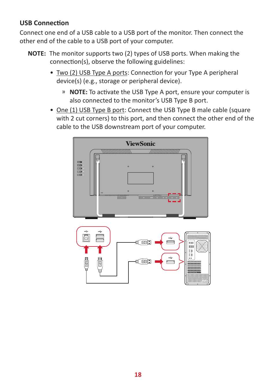 Usb connection | VIEWSONIC 24" Frameless Touchscreen Monitor User Manual | Page 18 / 57