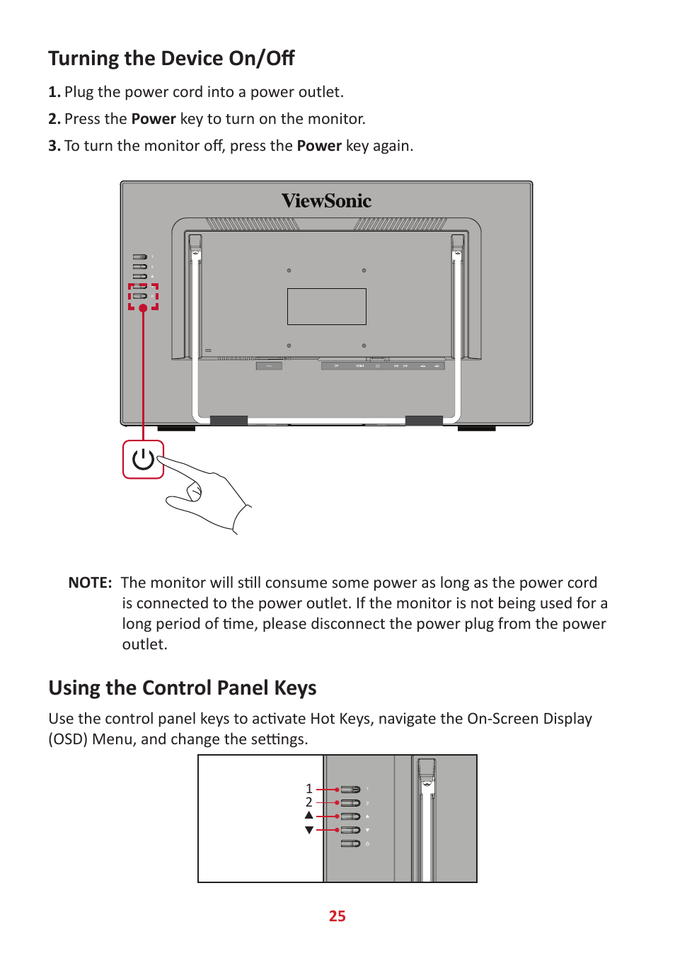 Turning the device on/off, Using the control panel keys | VIEWSONIC 24" Frameless Touchscreen Monitor User Manual | Page 25 / 57