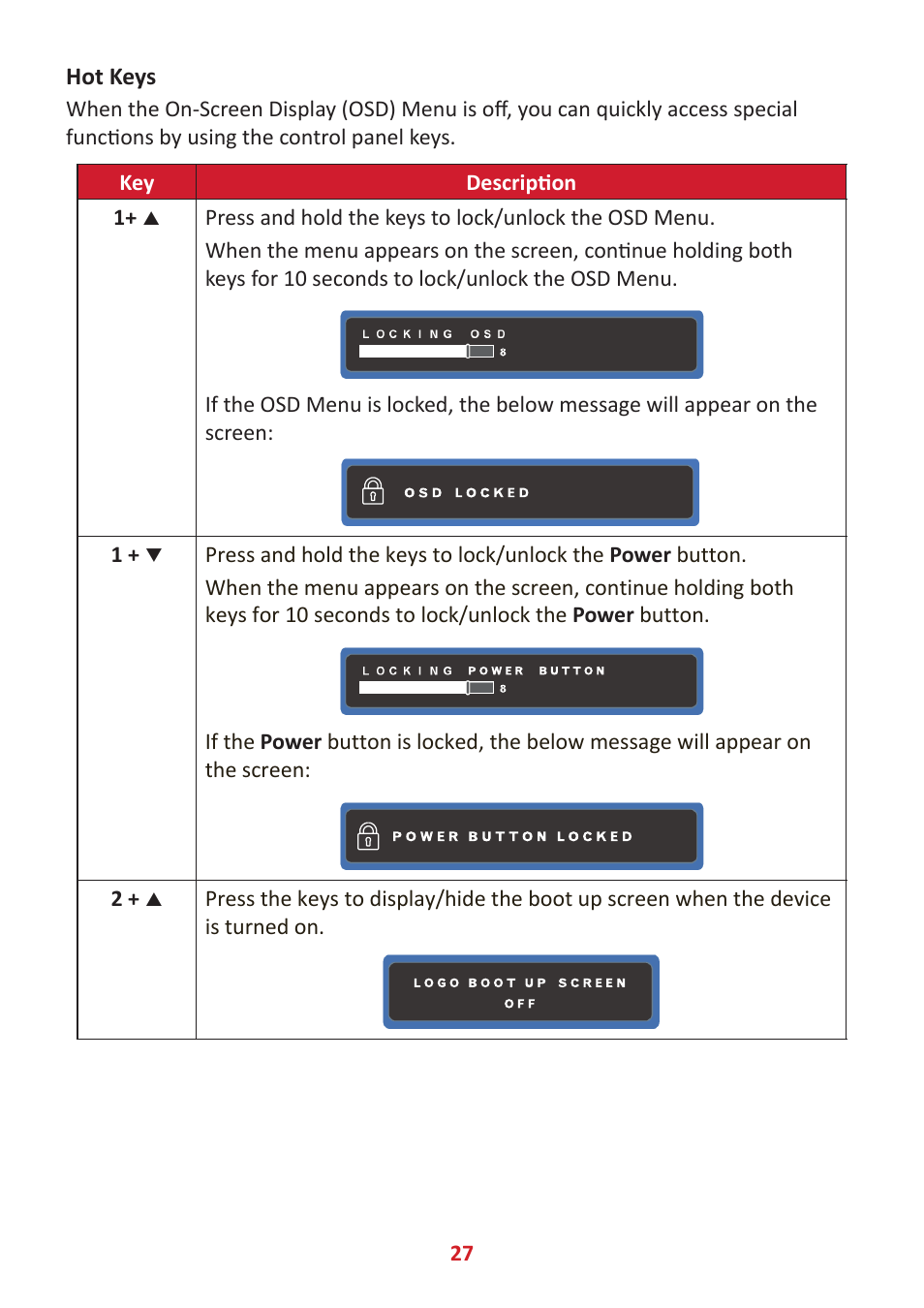 Hot keys | VIEWSONIC 24" Frameless Touchscreen Monitor User Manual | Page 27 / 57