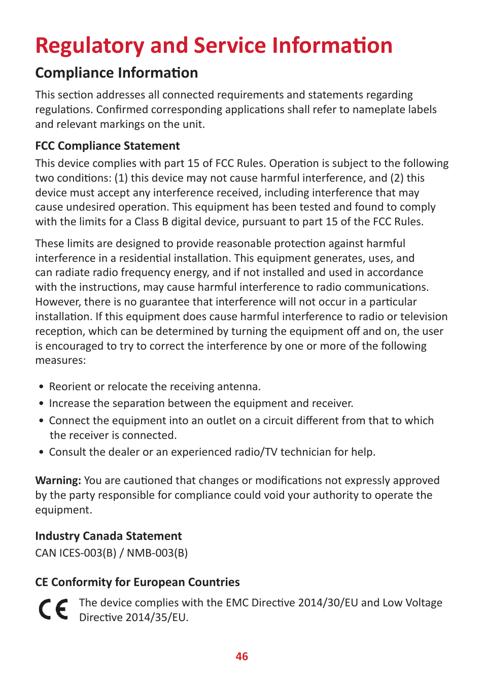 Regulatory and service information, Compliance information, Fcc compliance statement | Industry canada statement, Ce conformity for european countries | VIEWSONIC 24" Frameless Touchscreen Monitor User Manual | Page 46 / 57