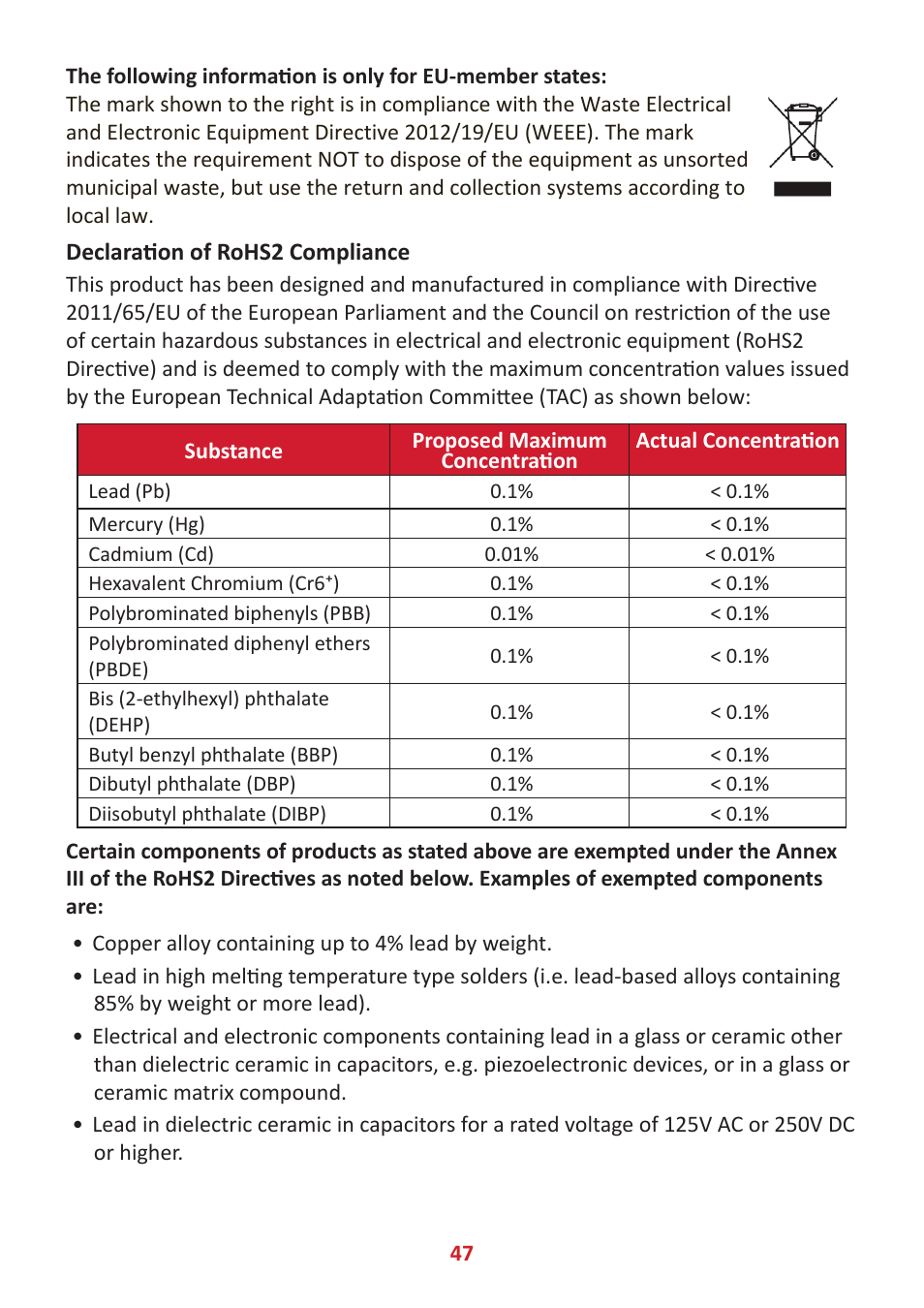 Declaration of rohs2 compliance | VIEWSONIC 24" Frameless Touchscreen Monitor User Manual | Page 47 / 57