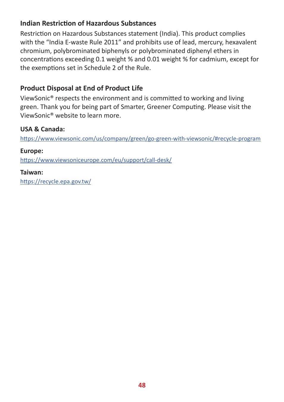Indian restriction of hazardous substances, Product disposal at end of product life | VIEWSONIC 24" Frameless Touchscreen Monitor User Manual | Page 48 / 57