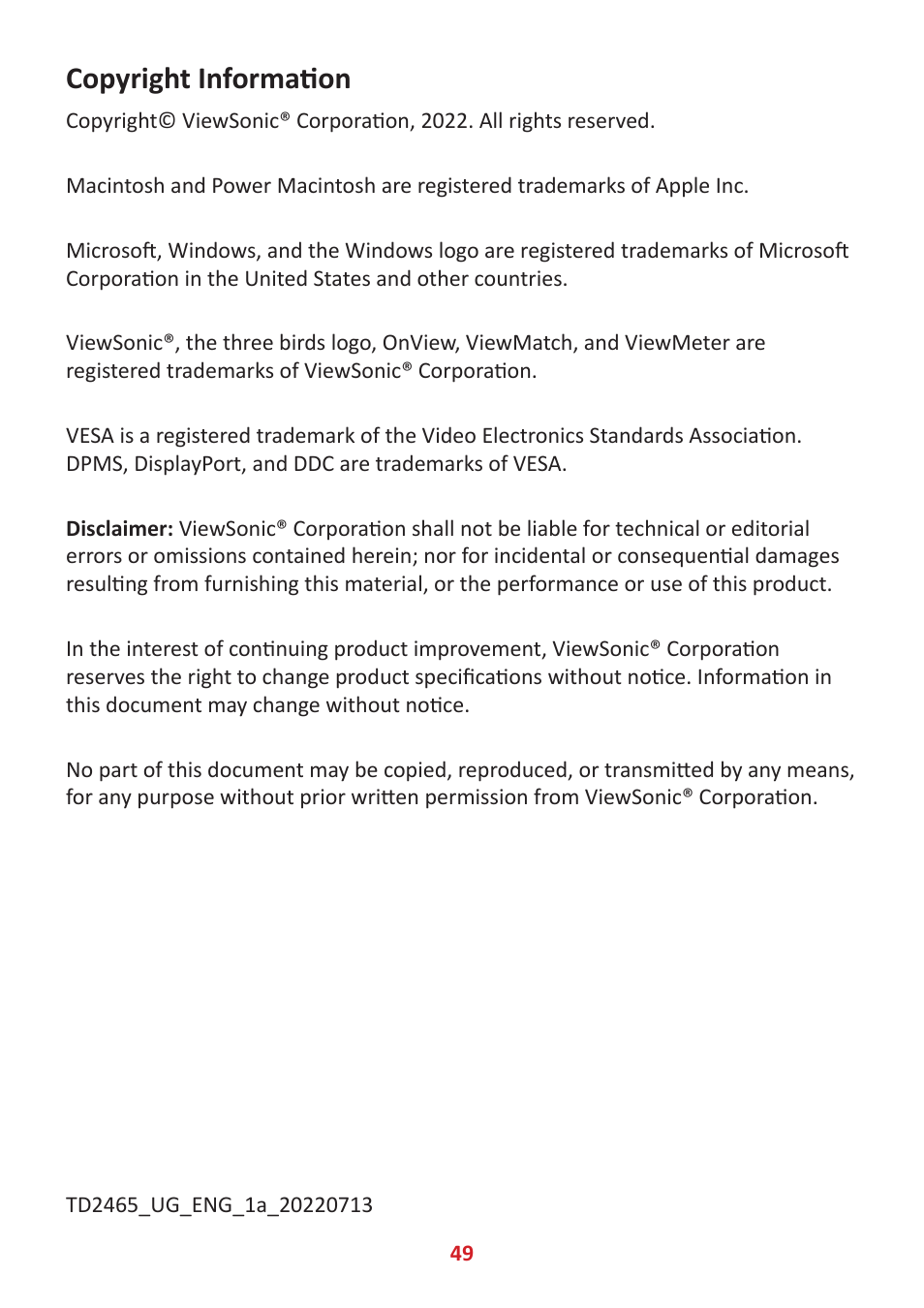 Copyright information | VIEWSONIC 24" Frameless Touchscreen Monitor User Manual | Page 49 / 57