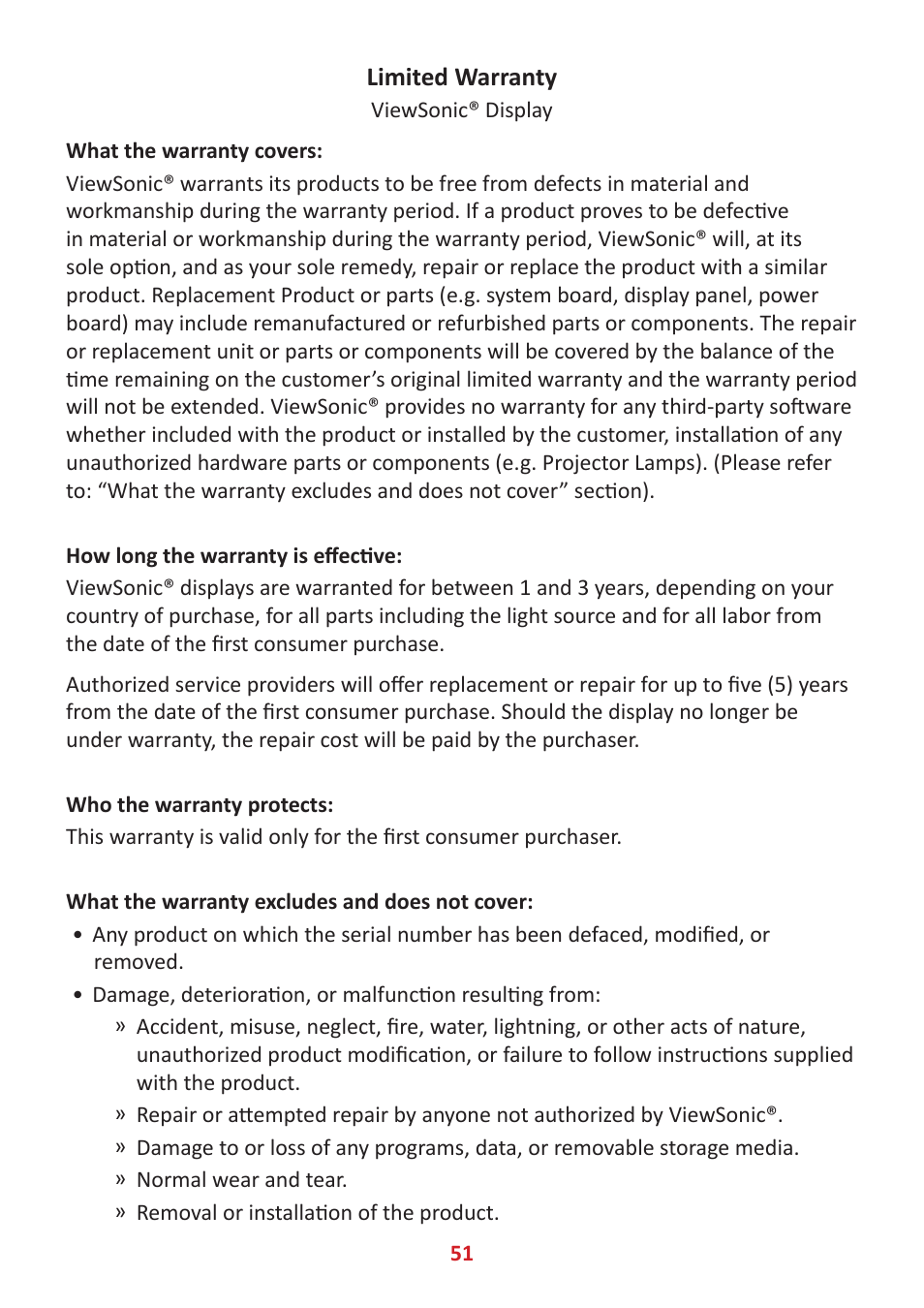Limited warranty | VIEWSONIC 24" Frameless Touchscreen Monitor User Manual | Page 51 / 57