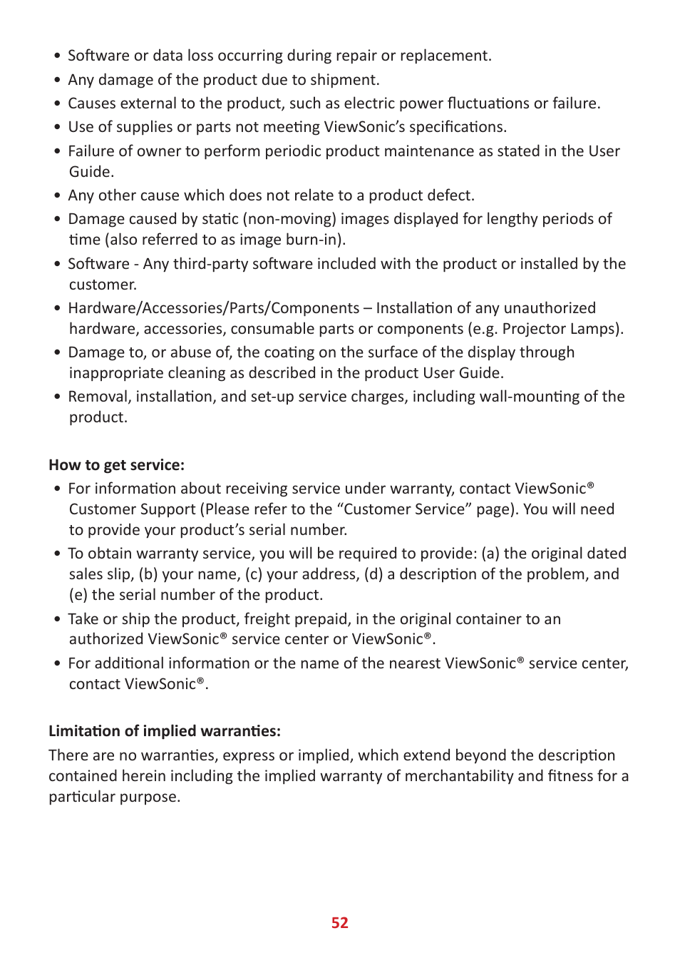 VIEWSONIC 24" Frameless Touchscreen Monitor User Manual | Page 52 / 57