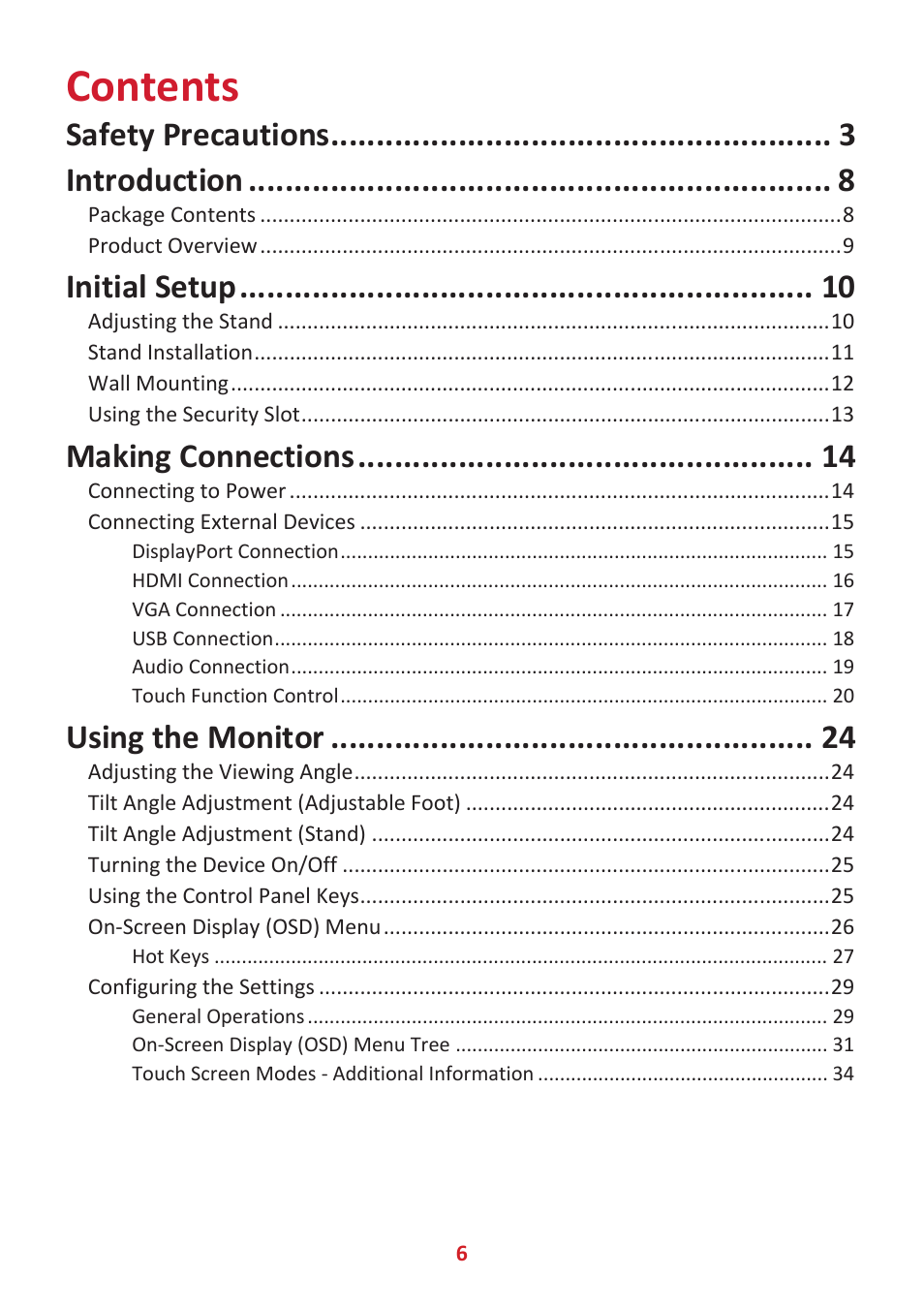 VIEWSONIC 24" Frameless Touchscreen Monitor User Manual | Page 6 / 57