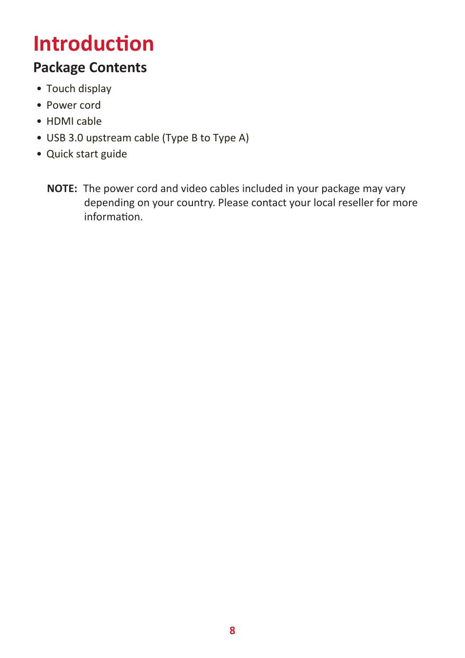 Introduction, Package contents | VIEWSONIC 24" Frameless Touchscreen Monitor User Manual | Page 8 / 57