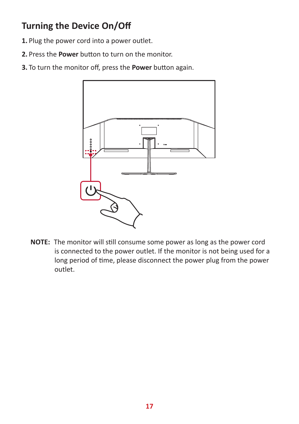 Turning the device on/off, Ourning the device nn/nff | VIEWSONIC VX3276-4K-mhd 31.5" 16:9 4K VA Monitor User Manual | Page 17 / 49