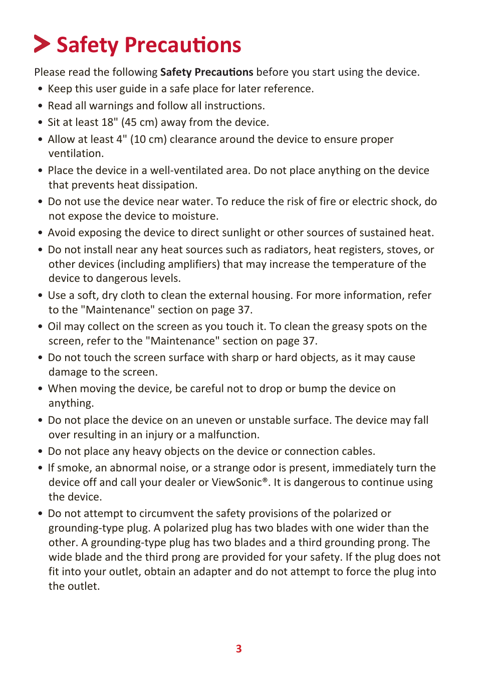 Safety precautions | VIEWSONIC VX3276-4K-mhd 31.5" 16:9 4K VA Monitor User Manual | Page 3 / 49