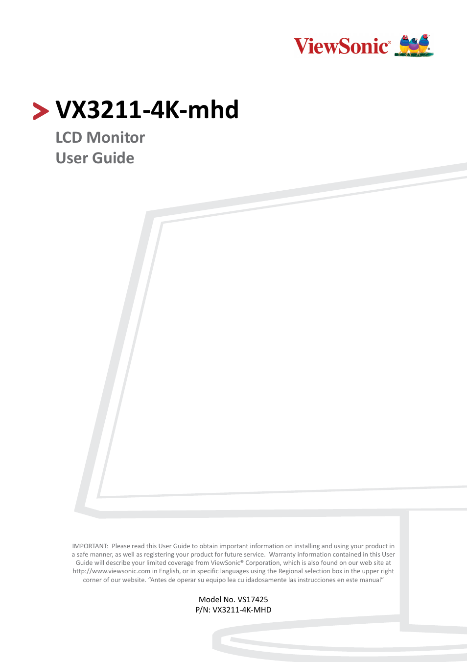 VIEWSONIC VX3211-4K-MHD 32" 16:9 4K FreeSync LCD Monitor User Manual | 63 pages