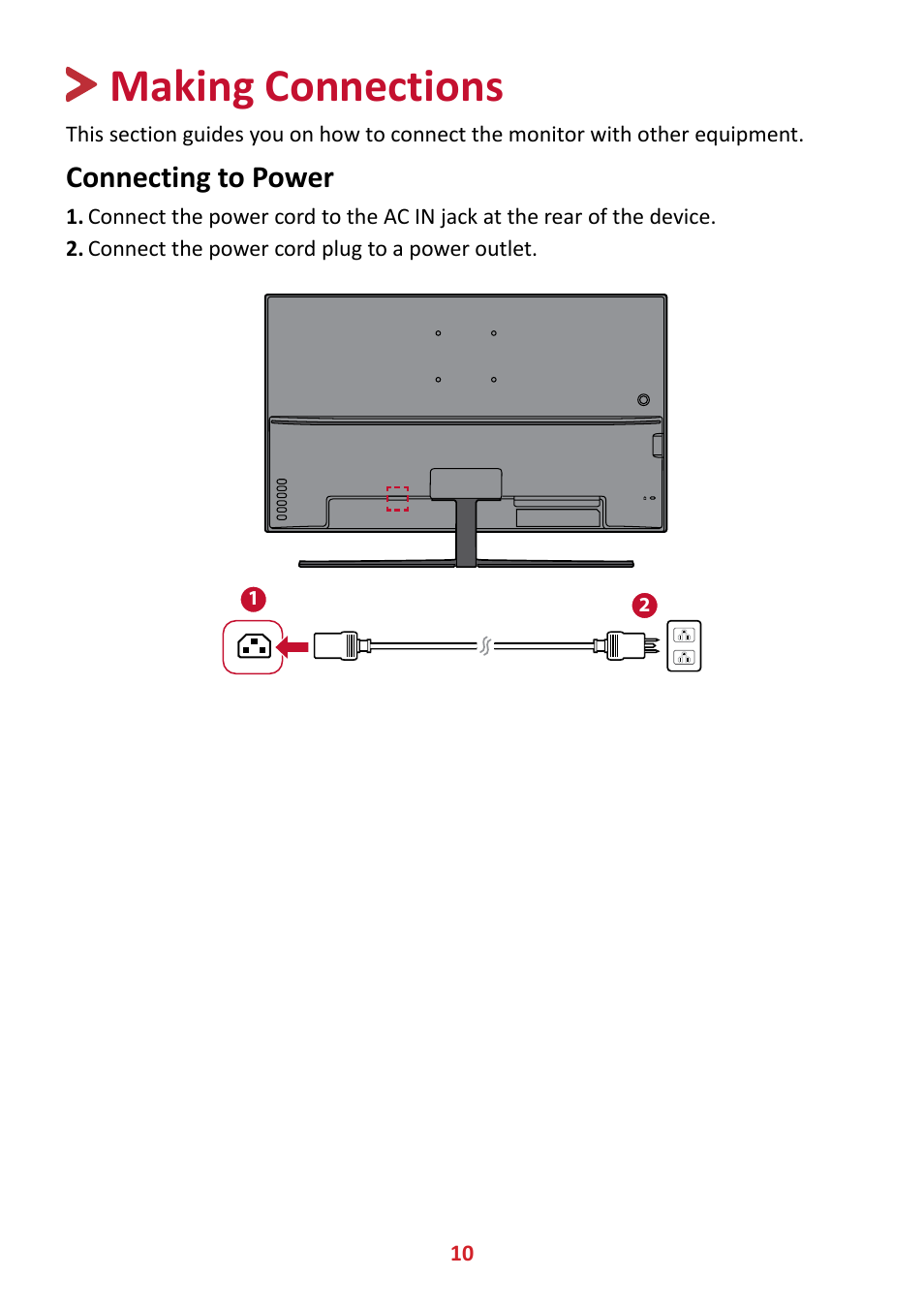Making connections, Connecting to power | VIEWSONIC VX3211-4K-MHD 32" 16:9 4K FreeSync LCD Monitor User Manual | Page 10 / 63
