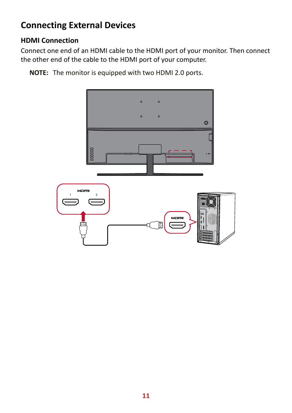 Connecting external devices, Hdmi connection | VIEWSONIC VX3211-4K-MHD 32" 16:9 4K FreeSync LCD Monitor User Manual | Page 11 / 63