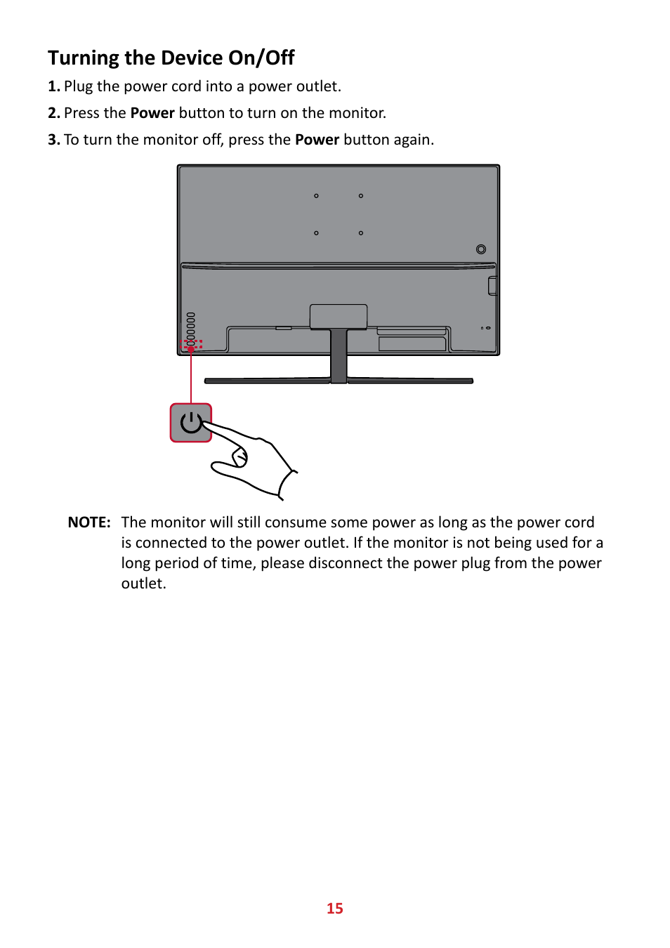 Turning the device on/off, Turning the device nn/nff | VIEWSONIC VX3211-4K-MHD 32" 16:9 4K FreeSync LCD Monitor User Manual | Page 15 / 63