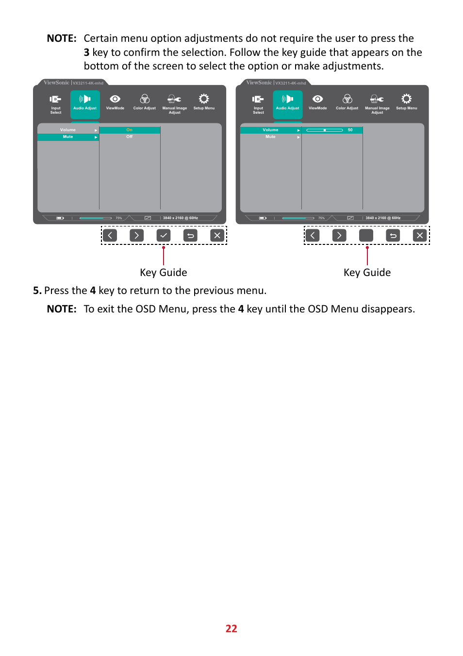 Key guide | VIEWSONIC VX3211-4K-MHD 32" 16:9 4K FreeSync LCD Monitor User Manual | Page 22 / 63