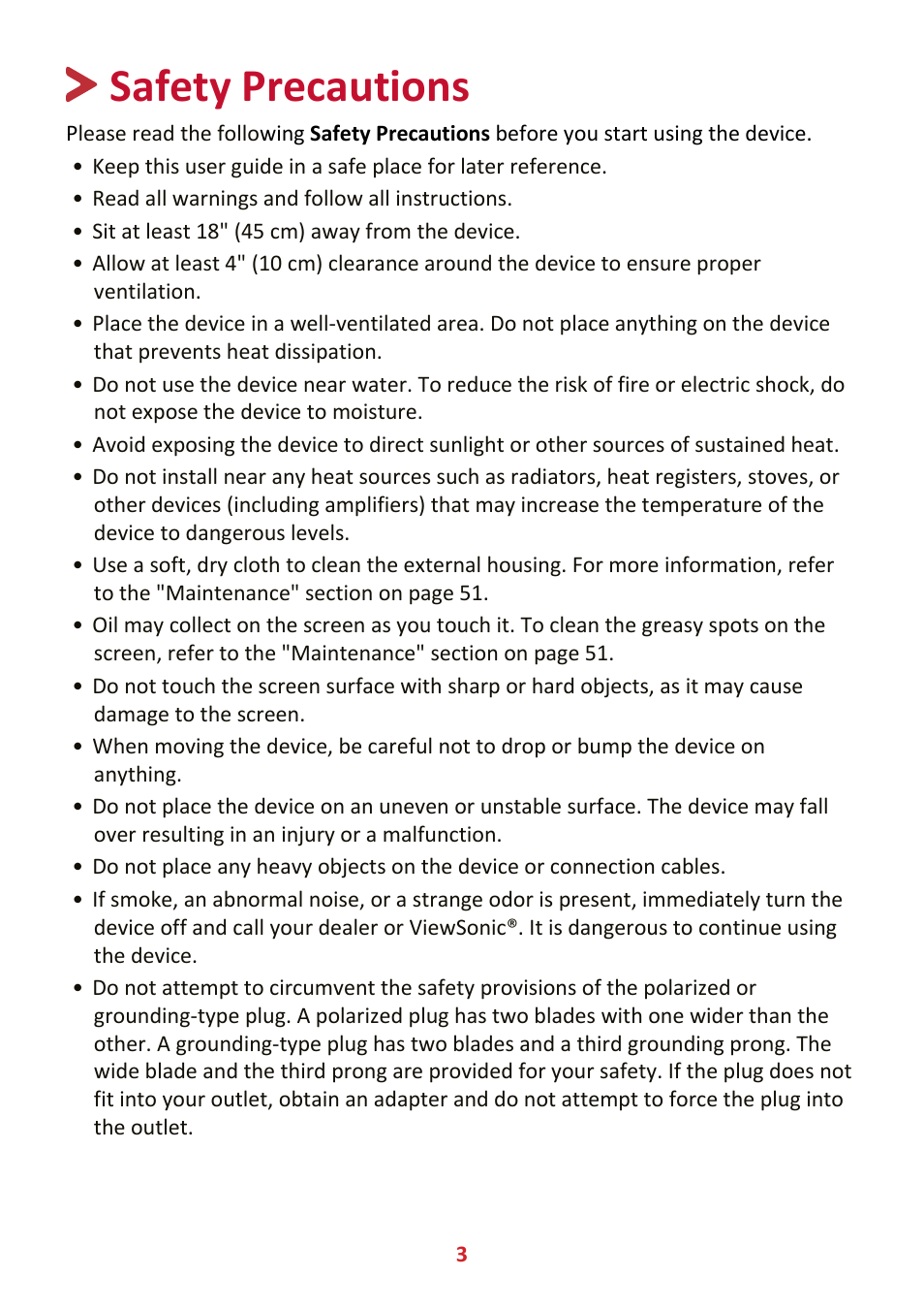 Safety precautions | VIEWSONIC VX3211-4K-MHD 32" 16:9 4K FreeSync LCD Monitor User Manual | Page 3 / 63