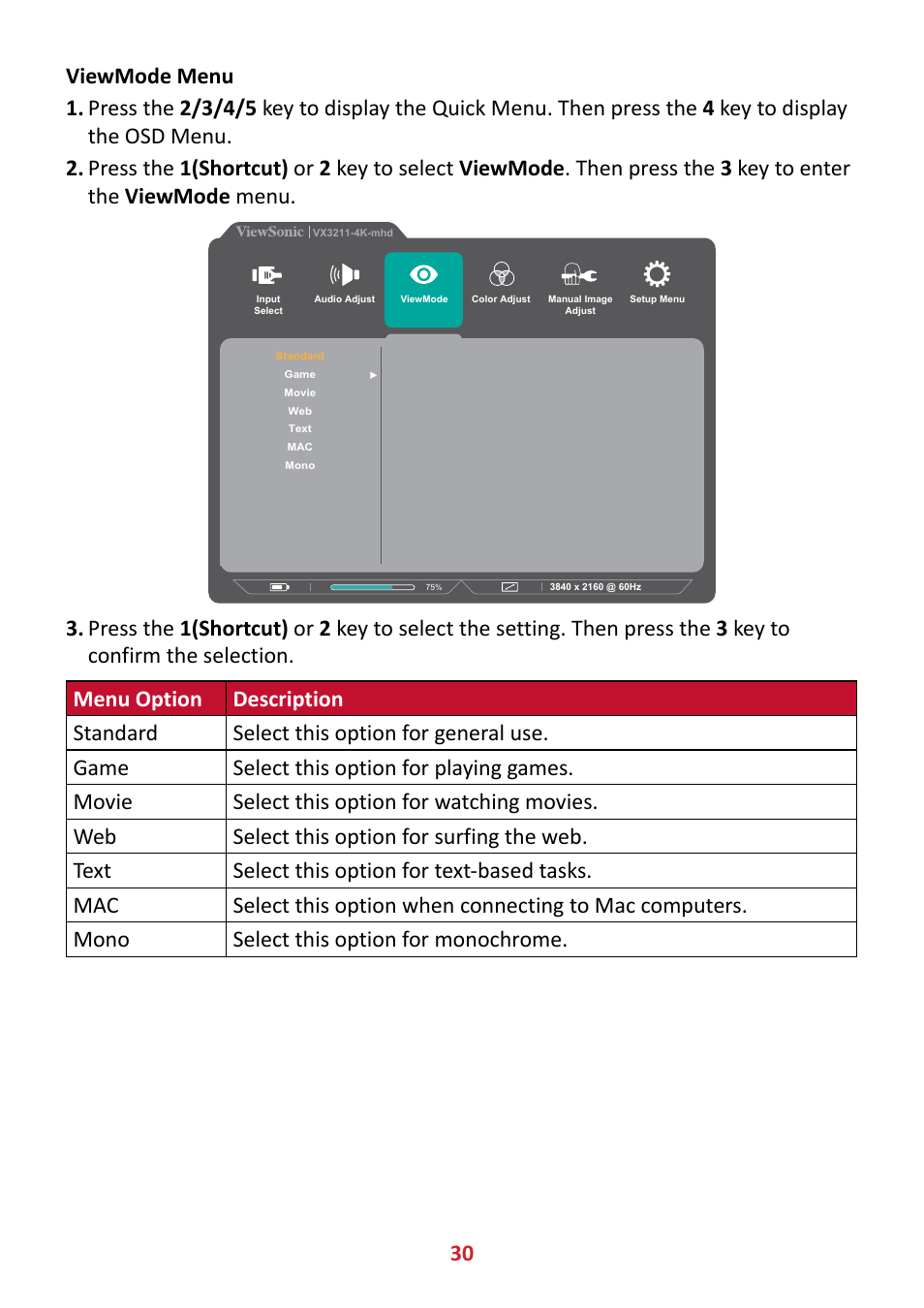 VIEWSONIC VX3211-4K-MHD 32" 16:9 4K FreeSync LCD Monitor User Manual | Page 30 / 63