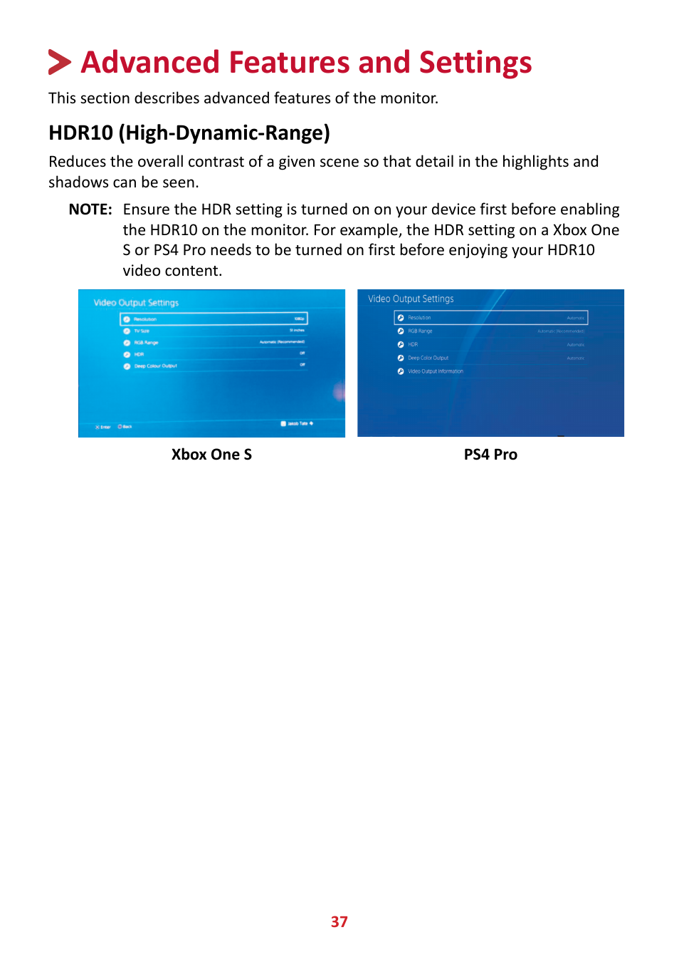 Advanced features and settings, Hdr10 (high-dynamic-range) | VIEWSONIC VX3211-4K-MHD 32" 16:9 4K FreeSync LCD Monitor User Manual | Page 37 / 63