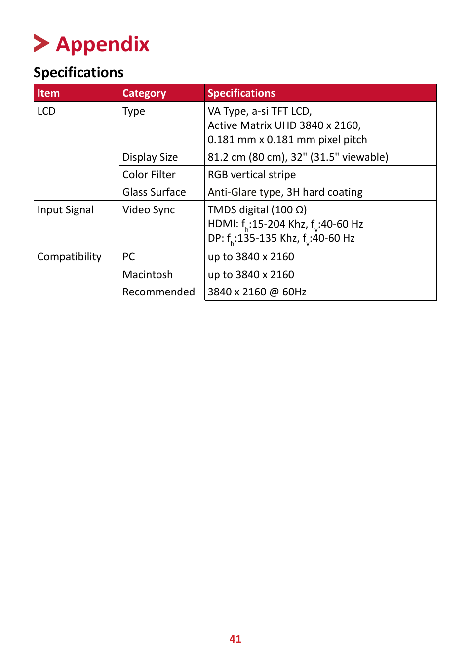 Appendix, Specifications | VIEWSONIC VX3211-4K-MHD 32" 16:9 4K FreeSync LCD Monitor User Manual | Page 41 / 63