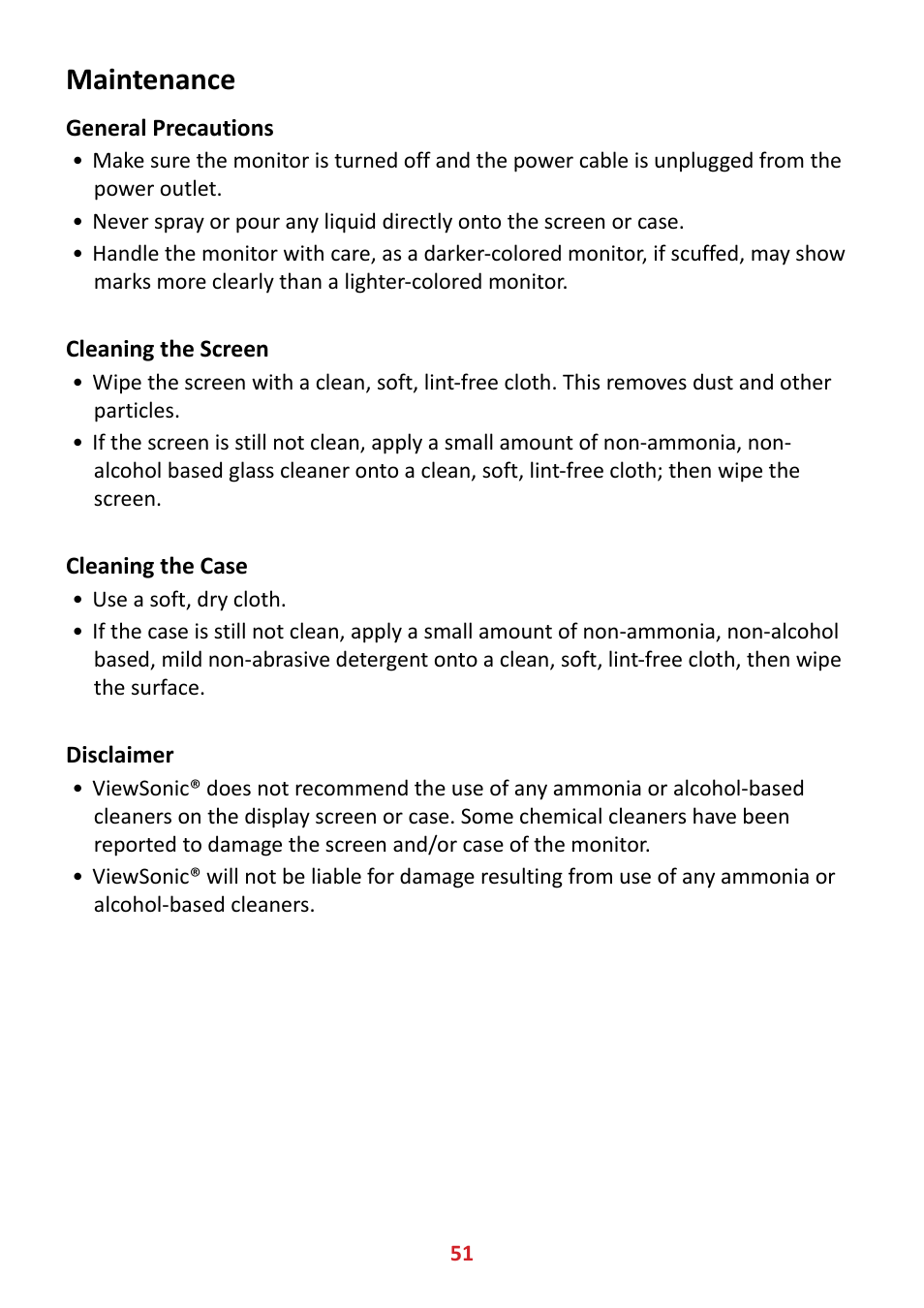 Maintenance, General precautions, Cleaning the screen | Cleaning the case, Disclaimer, Cleaning the screen cleaning the case disclaimer | VIEWSONIC VX3211-4K-MHD 32" 16:9 4K FreeSync LCD Monitor User Manual | Page 51 / 63