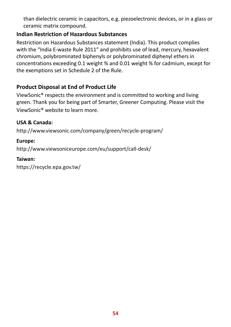 Indian restriction of hazardous substances, Product disposal at end of product life | VIEWSONIC VX3211-4K-MHD 32" 16:9 4K FreeSync LCD Monitor User Manual | Page 54 / 63