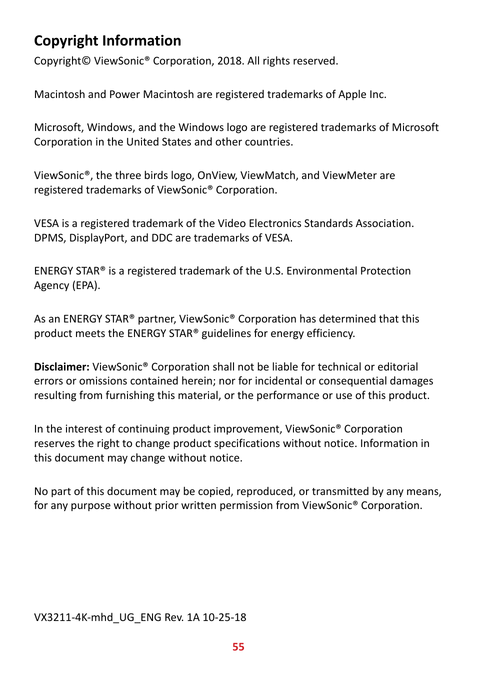 Copyright information | VIEWSONIC VX3211-4K-MHD 32" 16:9 4K FreeSync LCD Monitor User Manual | Page 55 / 63