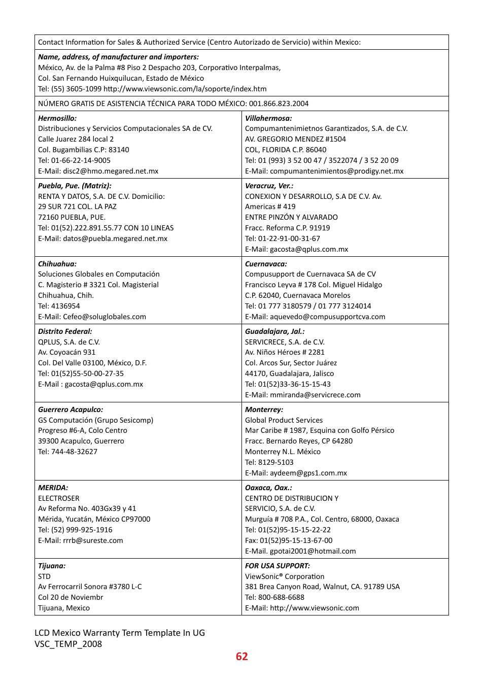 VIEWSONIC VX3211-4K-MHD 32" 16:9 4K FreeSync LCD Monitor User Manual | Page 62 / 63