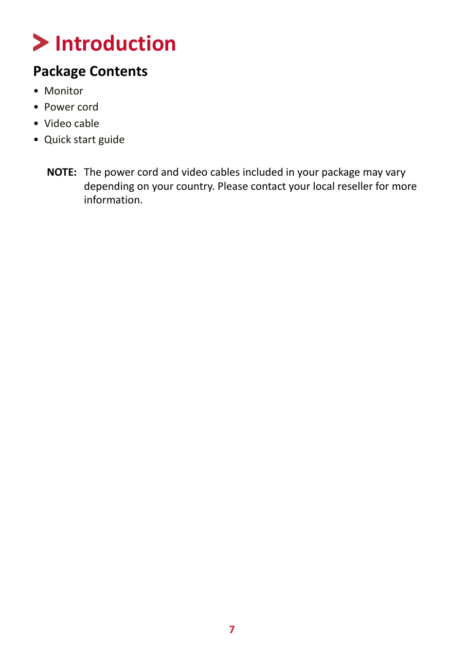 Introduction, Package contents | VIEWSONIC VX3211-4K-MHD 32" 16:9 4K FreeSync LCD Monitor User Manual | Page 7 / 63