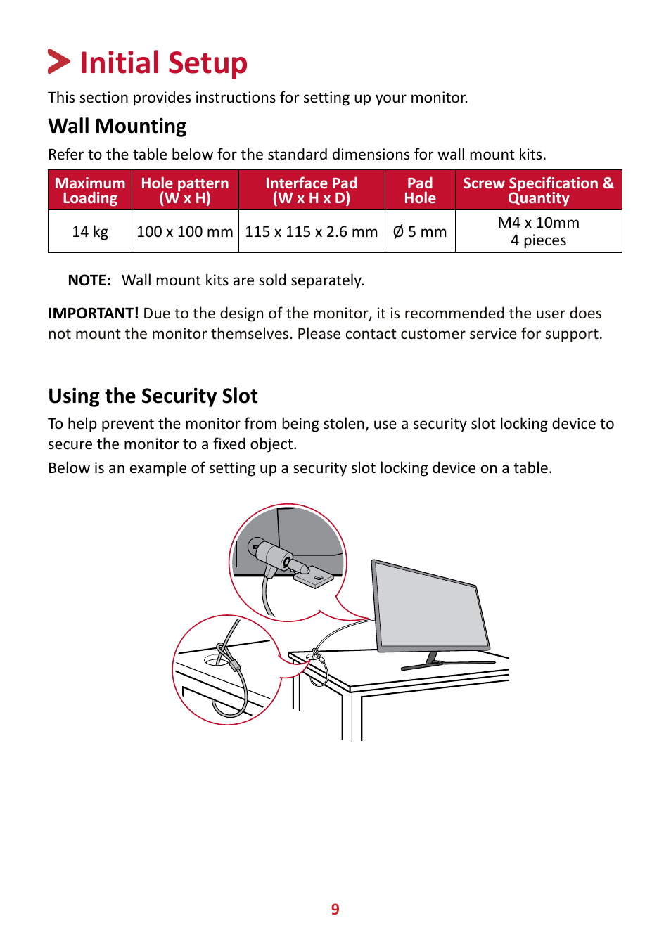 Initial setup, Wall mounting, Using the security slot | VIEWSONIC VX3211-4K-MHD 32" 16:9 4K FreeSync LCD Monitor User Manual | Page 9 / 63