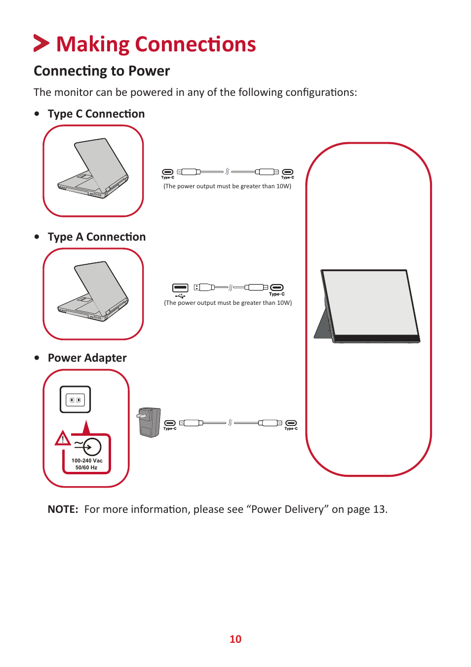 Making connections, Connecting to power | VIEWSONIC TD1655 15.6" 16:9 Portable Multi-Touch IPS Monitor User Manual | Page 10 / 47