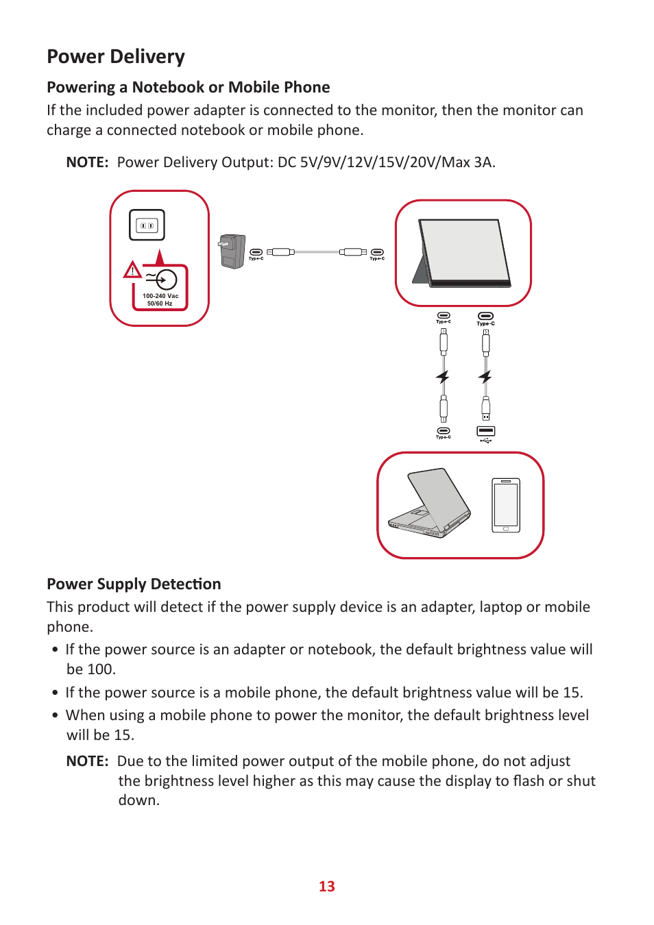Power delivery, Powering a notebook or mobile phone, Power supply detection | VIEWSONIC TD1655 15.6" 16:9 Portable Multi-Touch IPS Monitor User Manual | Page 13 / 47