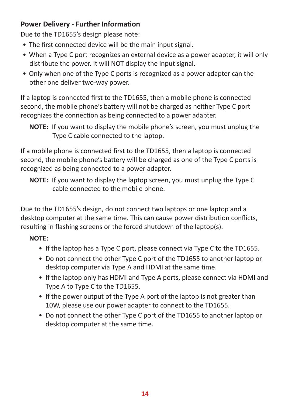 Power delivery - further information | VIEWSONIC TD1655 15.6" 16:9 Portable Multi-Touch IPS Monitor User Manual | Page 14 / 47