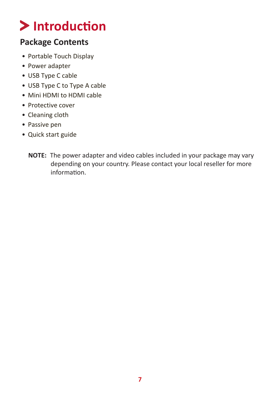 Introduction, Package contents | VIEWSONIC TD1655 15.6" 16:9 Portable Multi-Touch IPS Monitor User Manual | Page 7 / 47