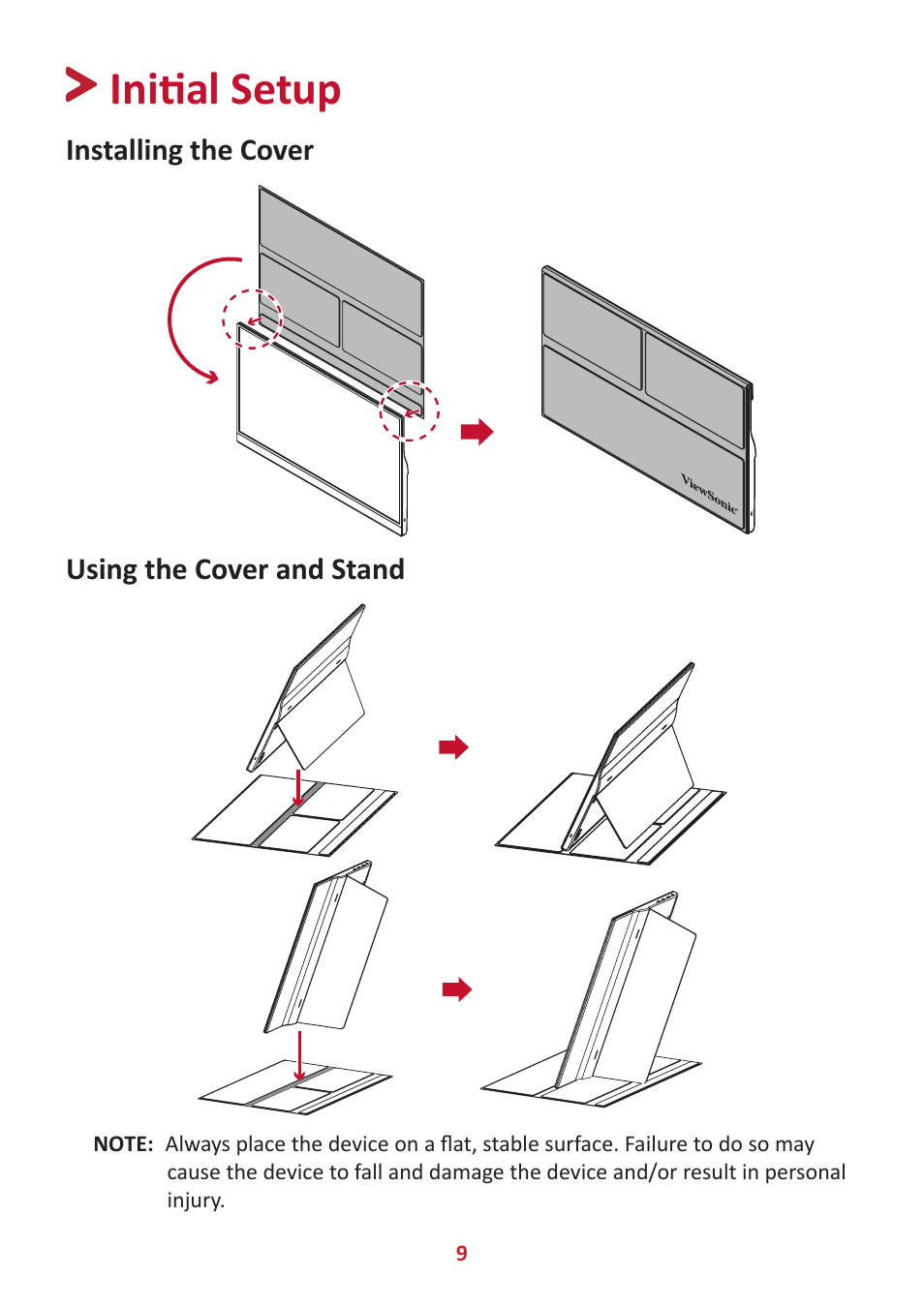 Initial setup, Installing the cover, Using the cover and stand | Installing the cover using the cover and stand | VIEWSONIC TD1655 15.6" 16:9 Portable Multi-Touch IPS Monitor User Manual | Page 9 / 47