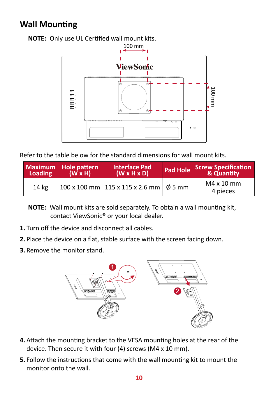 Wall mounting | VIEWSONIC VA2447-MHJ 23.8" 16:9 Adaptive-Sync MVA Monitor User Manual | Page 10 / 49