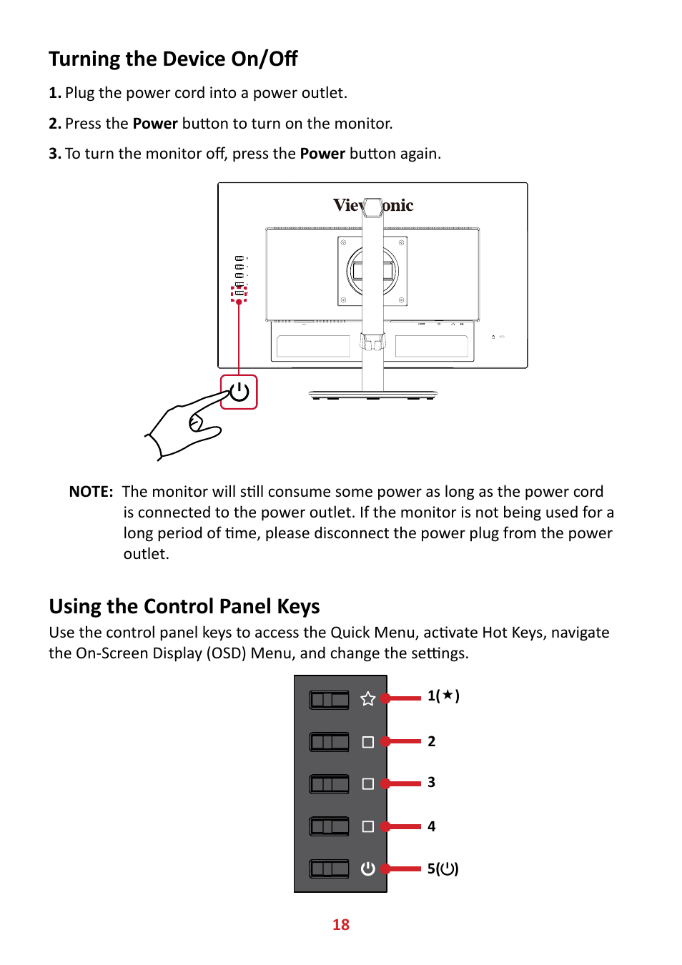 Turning the device on/off, Using the control panel keys | VIEWSONIC VA2447-MHJ 23.8" 16:9 Adaptive-Sync MVA Monitor User Manual | Page 18 / 49