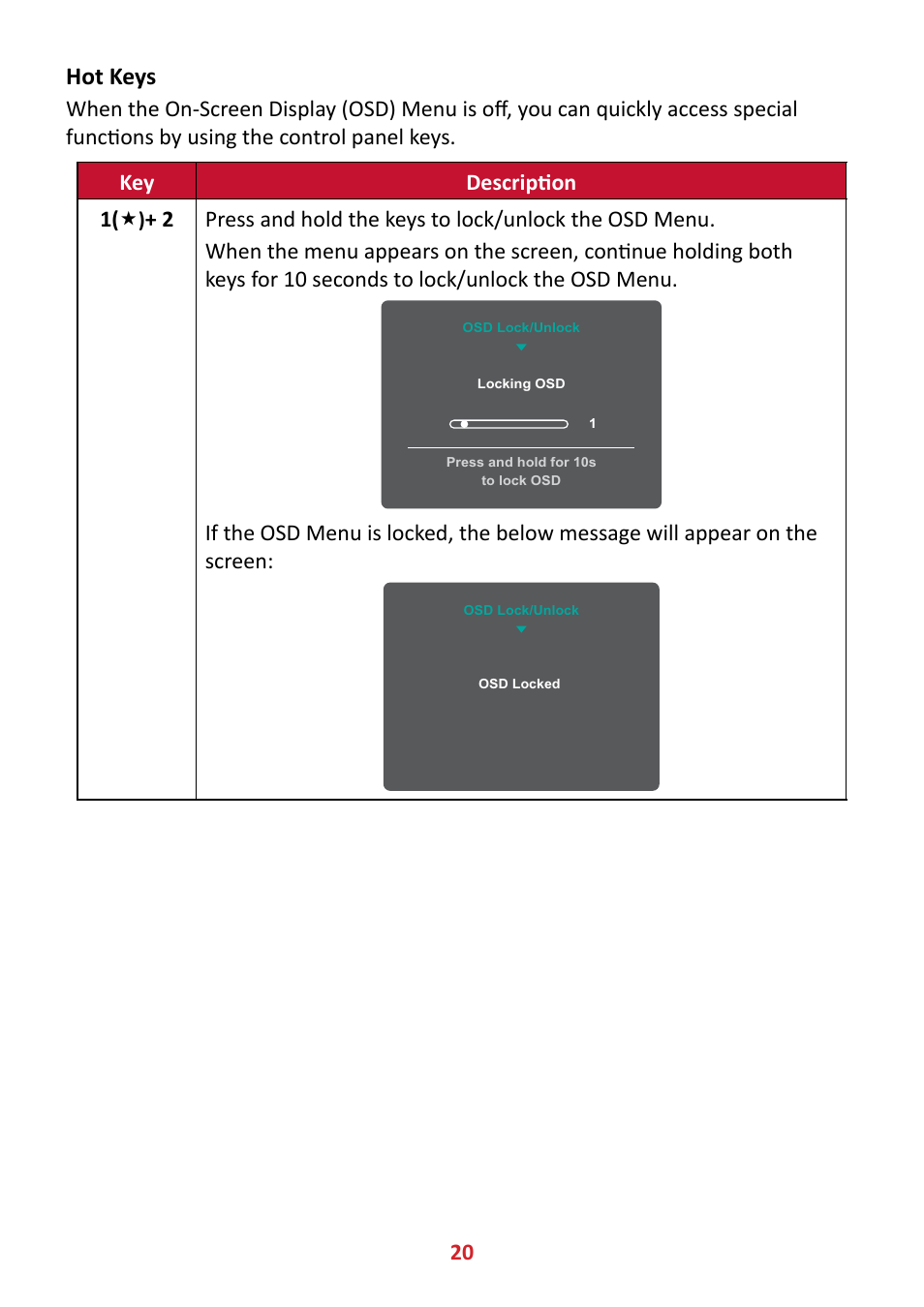 Hot keys | VIEWSONIC VA2447-MHJ 23.8" 16:9 Adaptive-Sync MVA Monitor User Manual | Page 20 / 49
