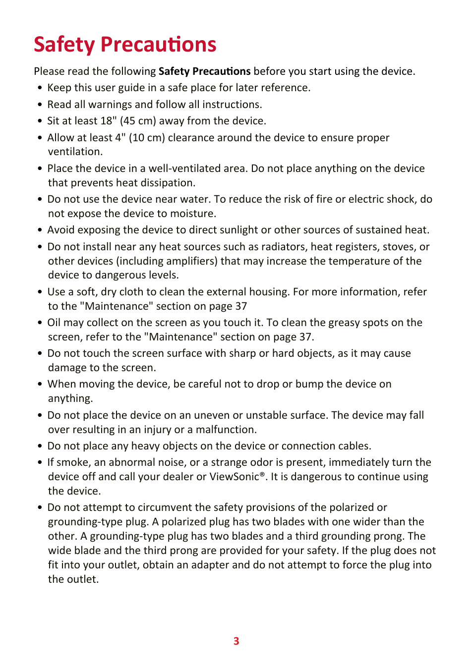 Safety precautions | VIEWSONIC VA2447-MHJ 23.8" 16:9 Adaptive-Sync MVA Monitor User Manual | Page 3 / 49