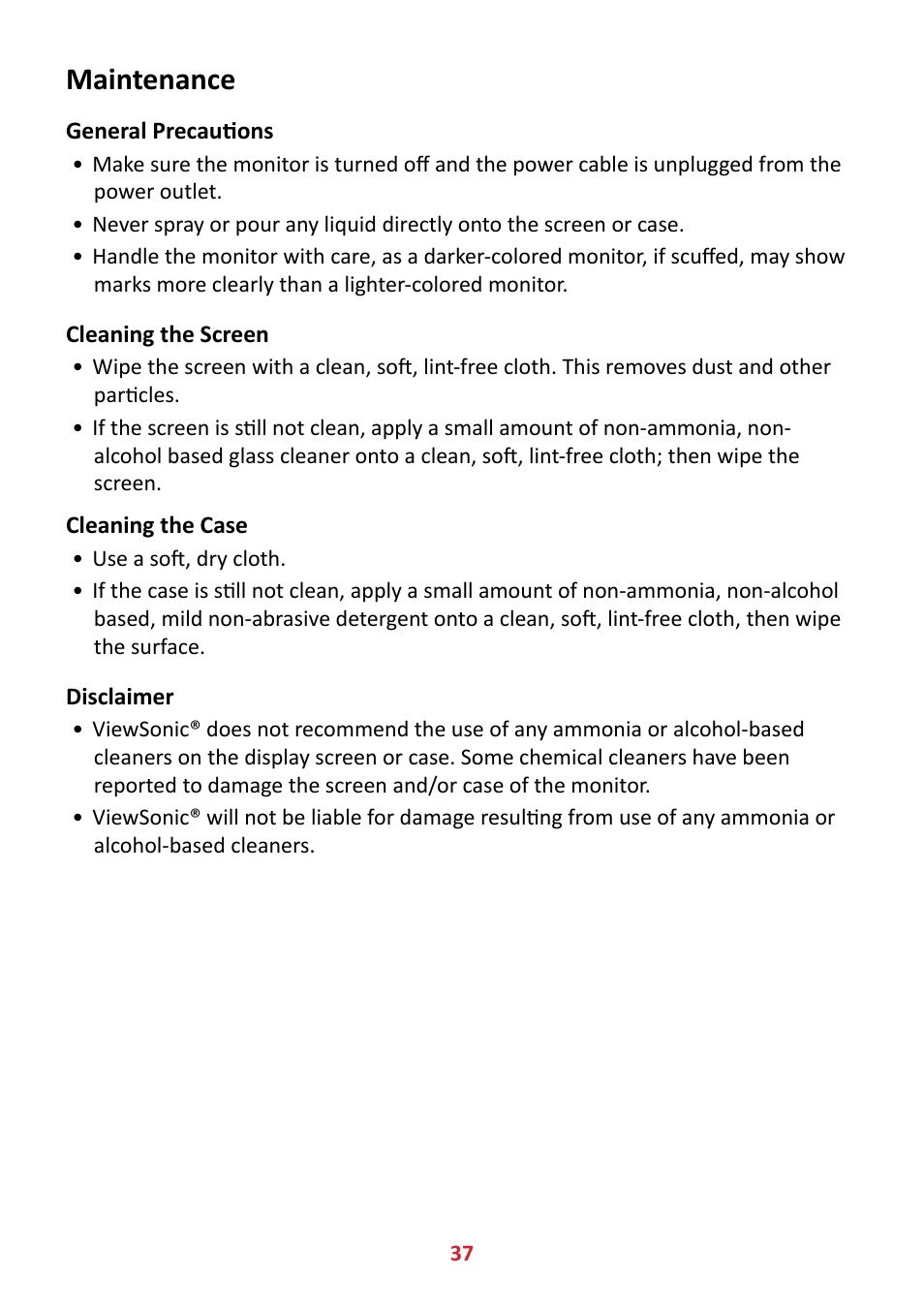 Maintenance, General precautions, Cleaning the screen | Cleaning the case | VIEWSONIC VA2447-MHJ 23.8" 16:9 Adaptive-Sync MVA Monitor User Manual | Page 37 / 49