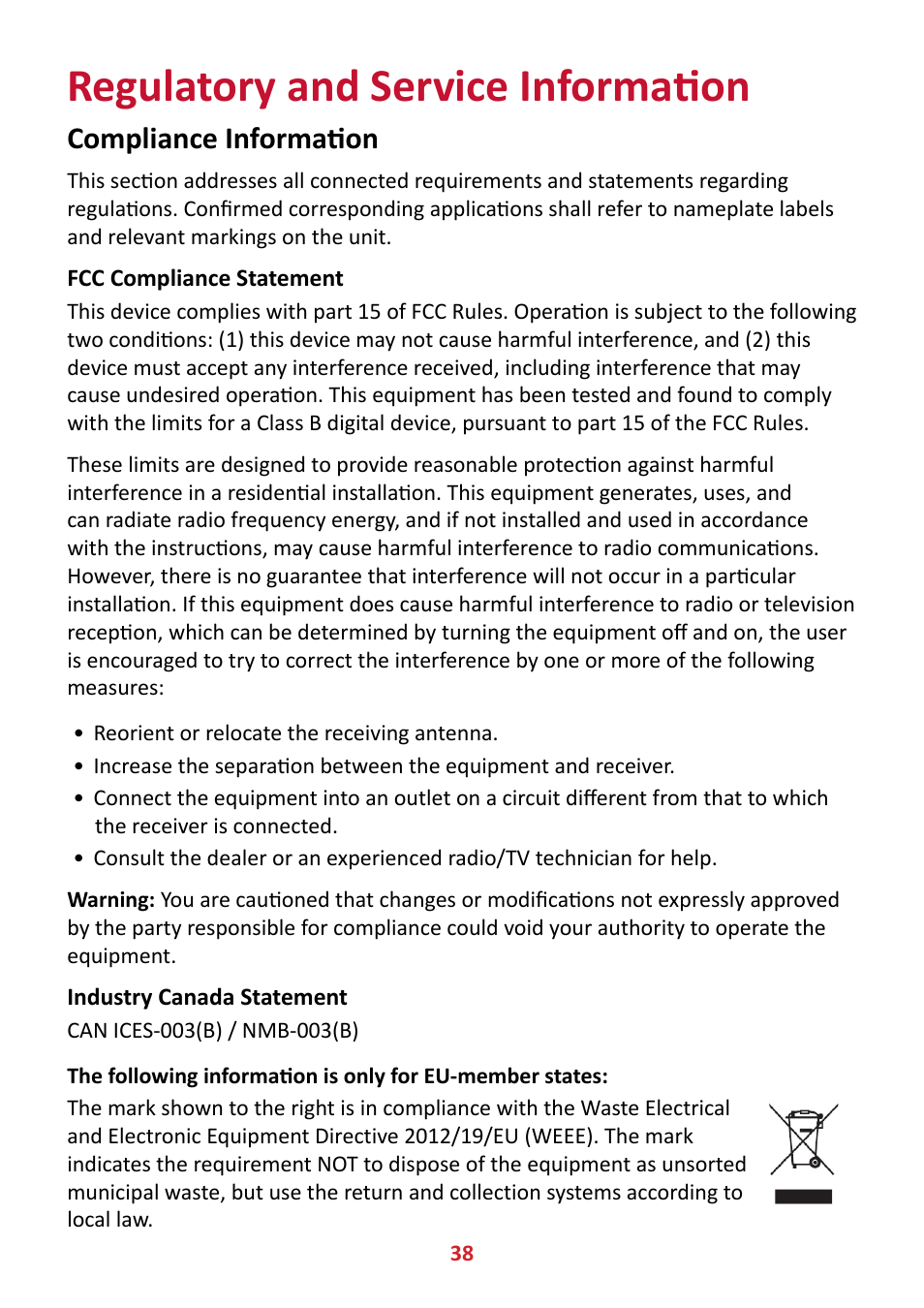 Regulatory and service information, Compliance information, Fcc compliance statement | Industry canada statement | VIEWSONIC VA2447-MHJ 23.8" 16:9 Adaptive-Sync MVA Monitor User Manual | Page 38 / 49