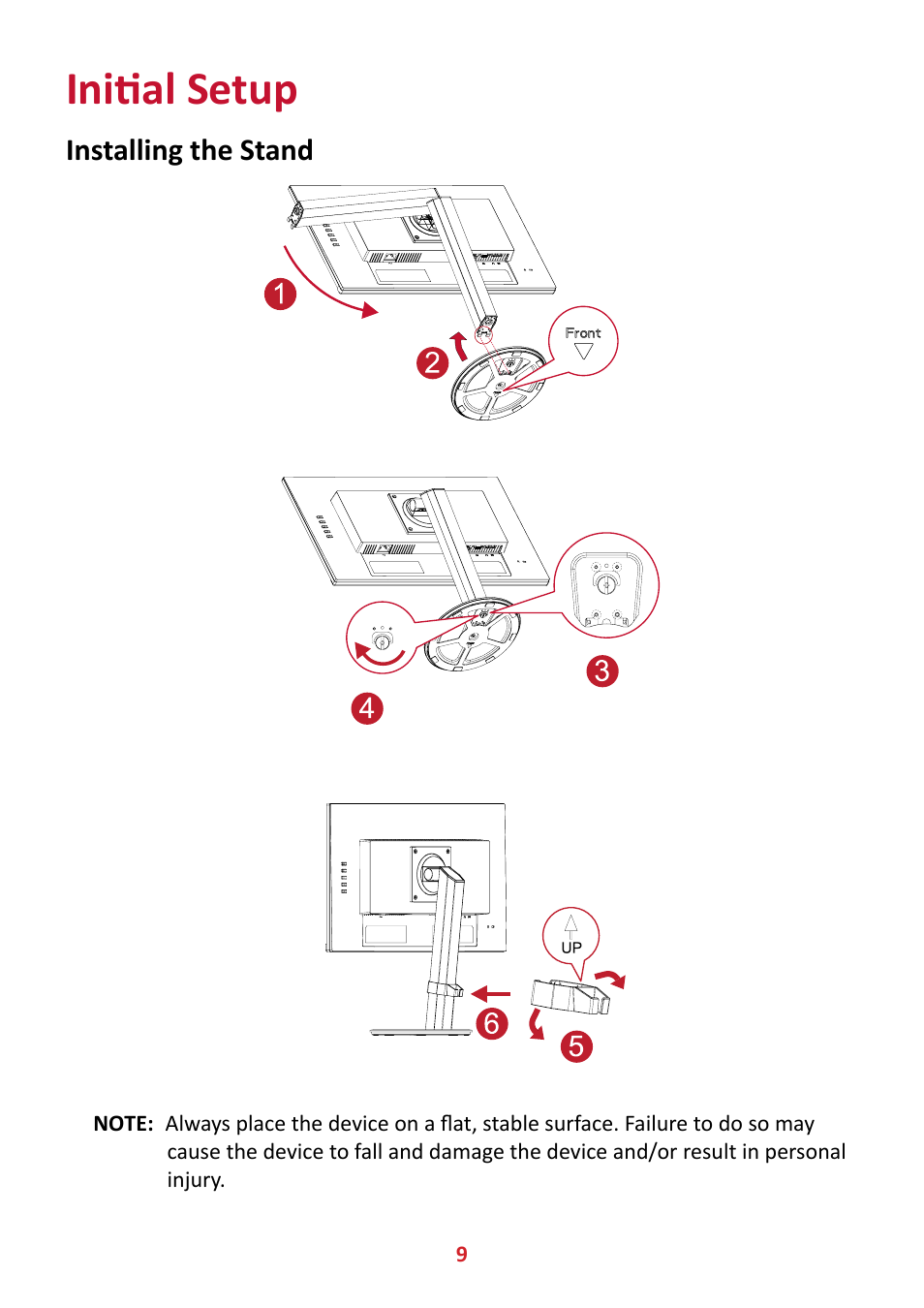 Initial setup, Installing the stand | VIEWSONIC VA2447-MHJ 23.8" 16:9 Adaptive-Sync MVA Monitor User Manual | Page 9 / 49