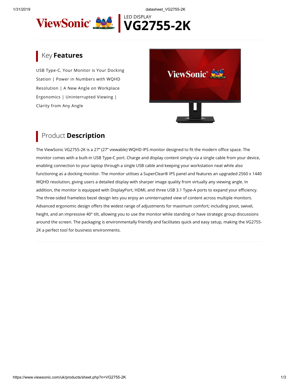 VIEWSONIC VG2755-2K 27" 16:9 IPS Monitor User Manual | 3 pages