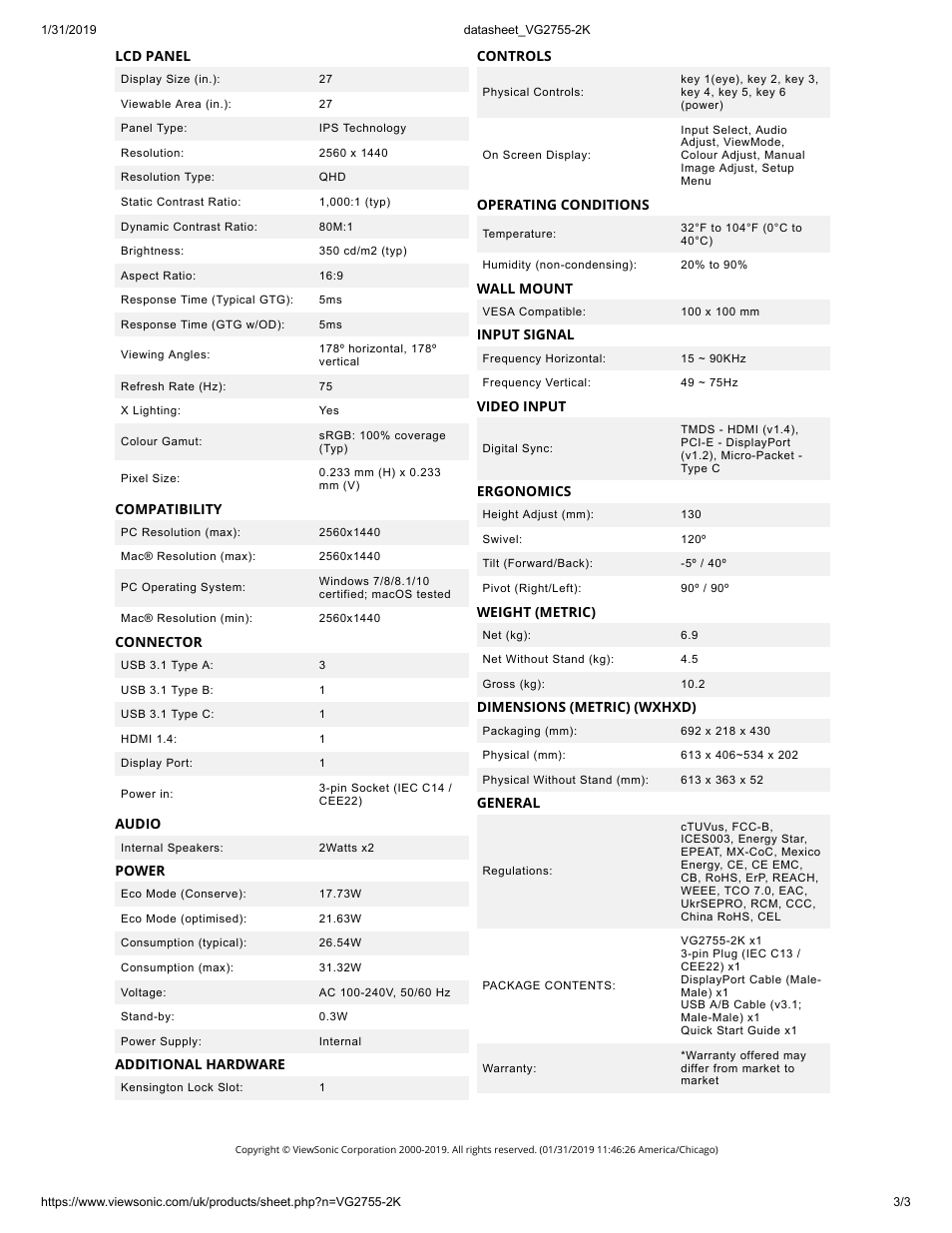 VIEWSONIC VG2755-2K 27" 16:9 IPS Monitor User Manual | Page 3 / 3