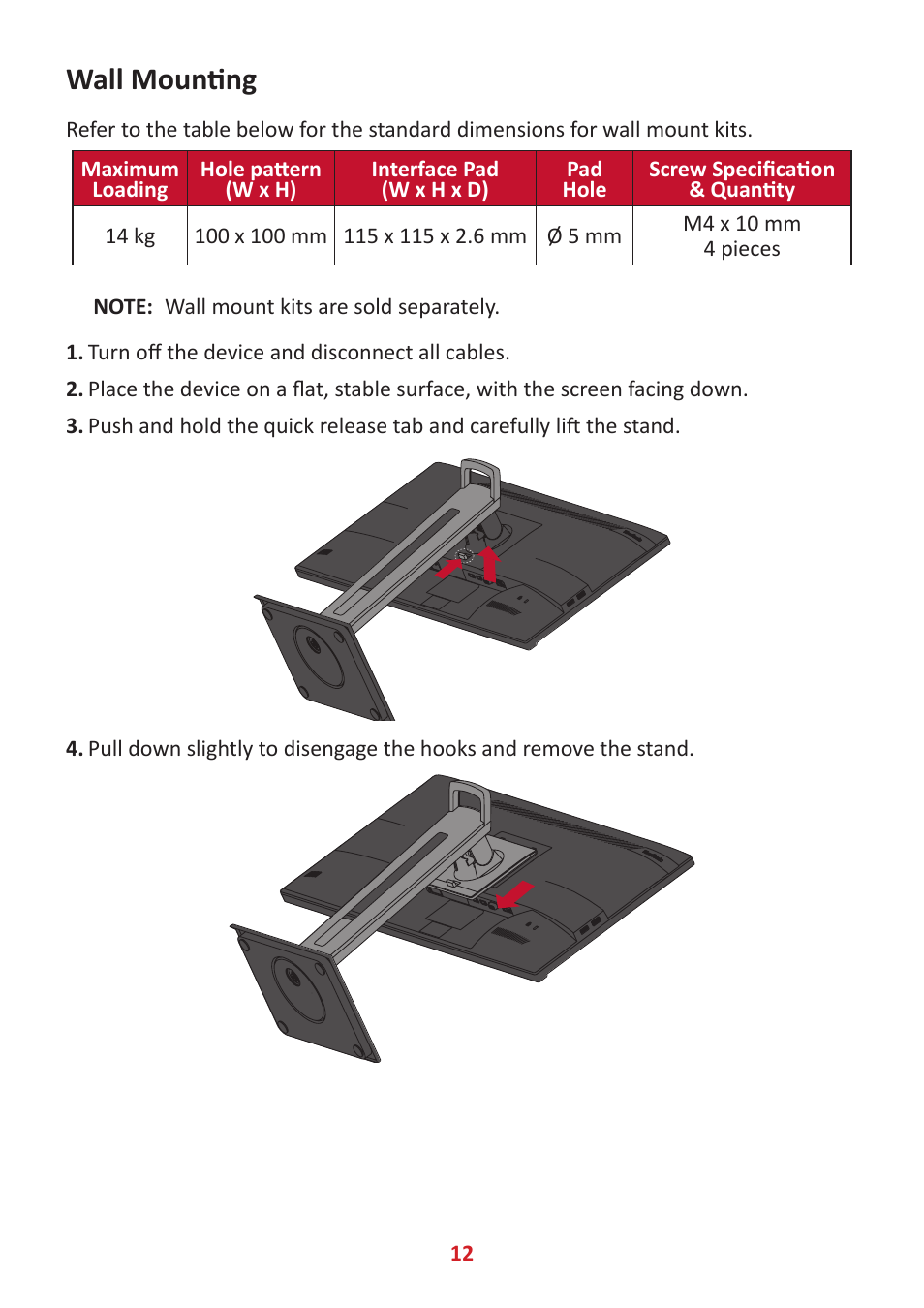 Wall mounting | VIEWSONIC VG3448 34" 21:9 VA Monitor User Manual | Page 12 / 66