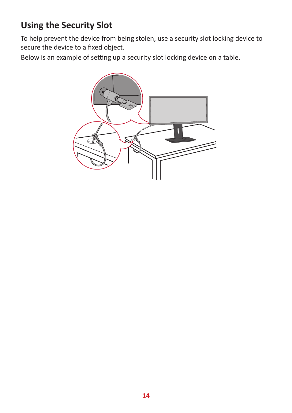Using the security slot | VIEWSONIC VG3448 34" 21:9 VA Monitor User Manual | Page 14 / 66