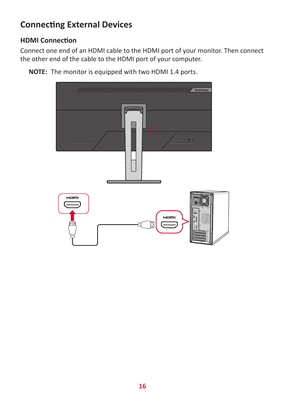 Connecting external devices, Hdmi connection, Connecting txternal devices | VIEWSONIC VG3448 34" 21:9 VA Monitor User Manual | Page 16 / 66