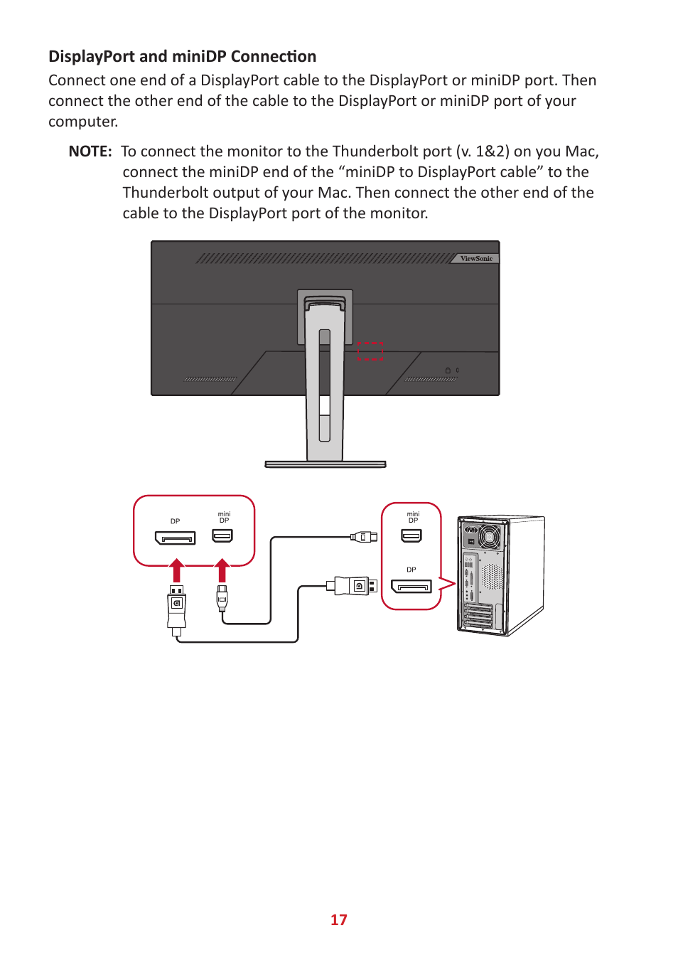 Displayport and minidp connection | VIEWSONIC VG3448 34" 21:9 VA Monitor User Manual | Page 17 / 66