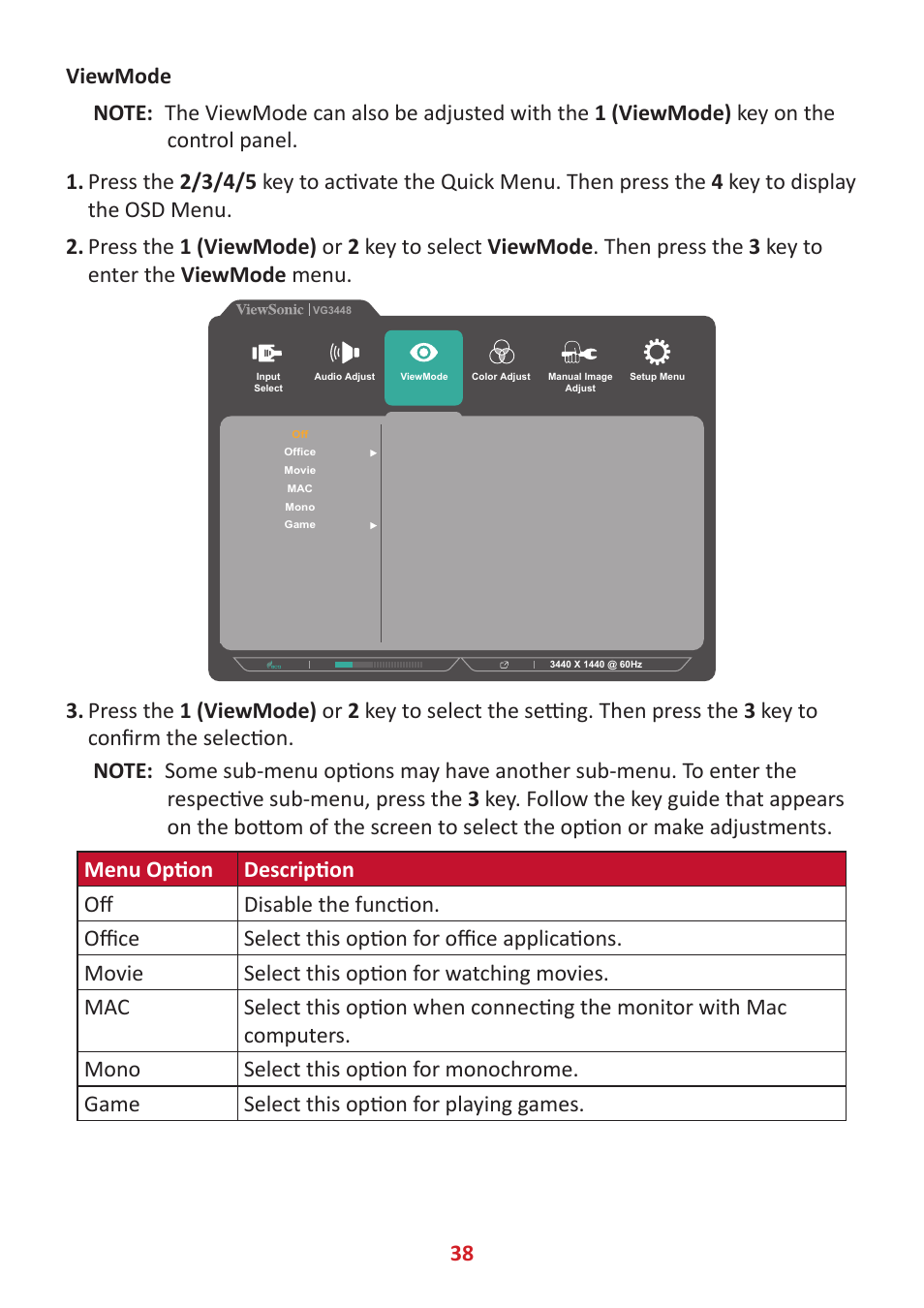 VIEWSONIC VG3448 34" 21:9 VA Monitor User Manual | Page 38 / 66