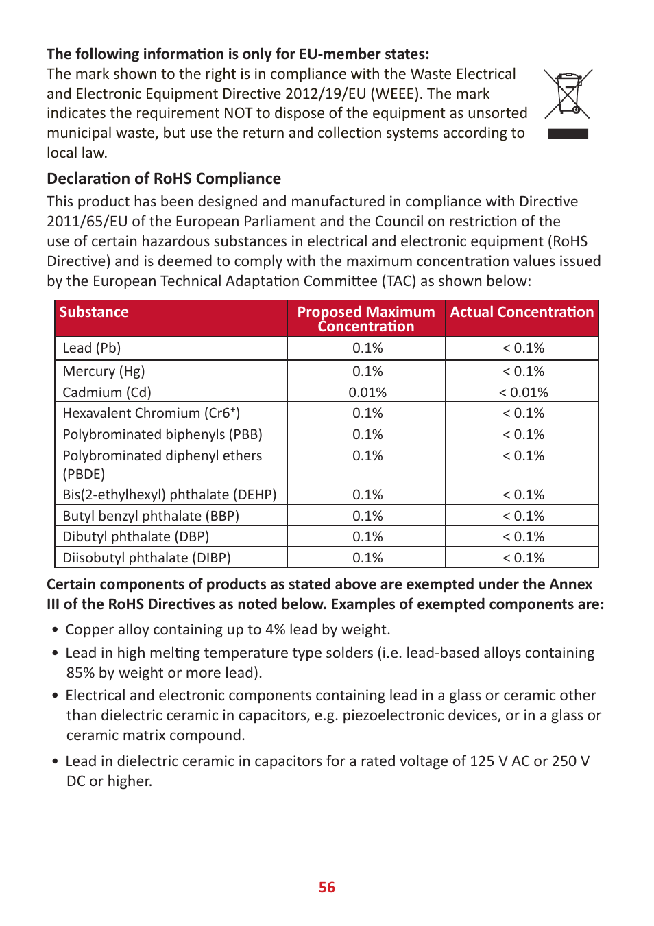 Declaration of rohs2 compliance, Declaration of rohs compliance | VIEWSONIC VG3448 34" 21:9 VA Monitor User Manual | Page 56 / 66